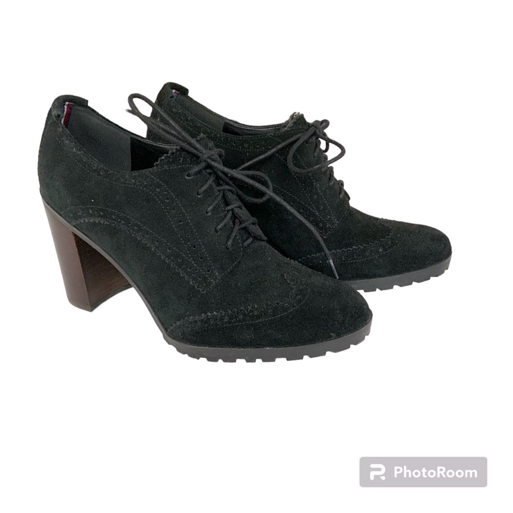 Black Suede Tommy Hilfiger “Naomi” Lace-Up Wing Tip Booties, Sz 9.5